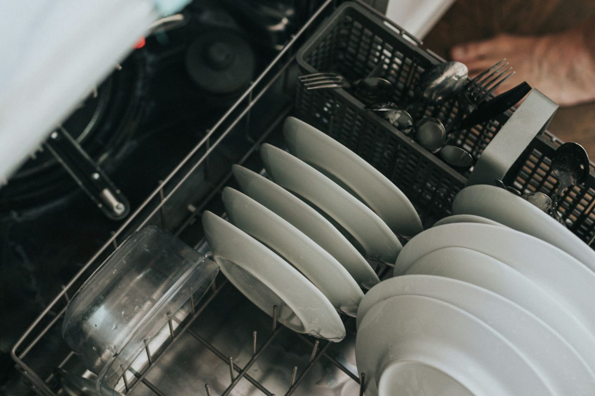 Assiettes blanches disposées dans un lave-vaisselle