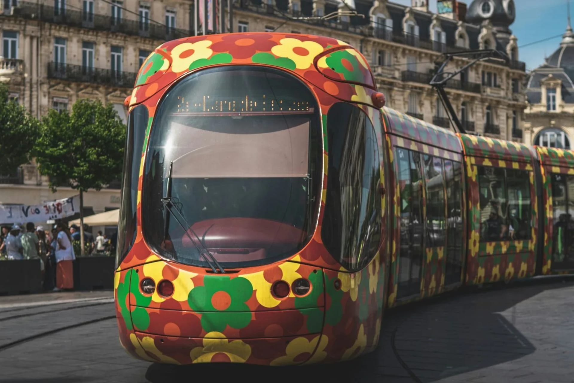 Tramway montpelliérain à fleurs colorées