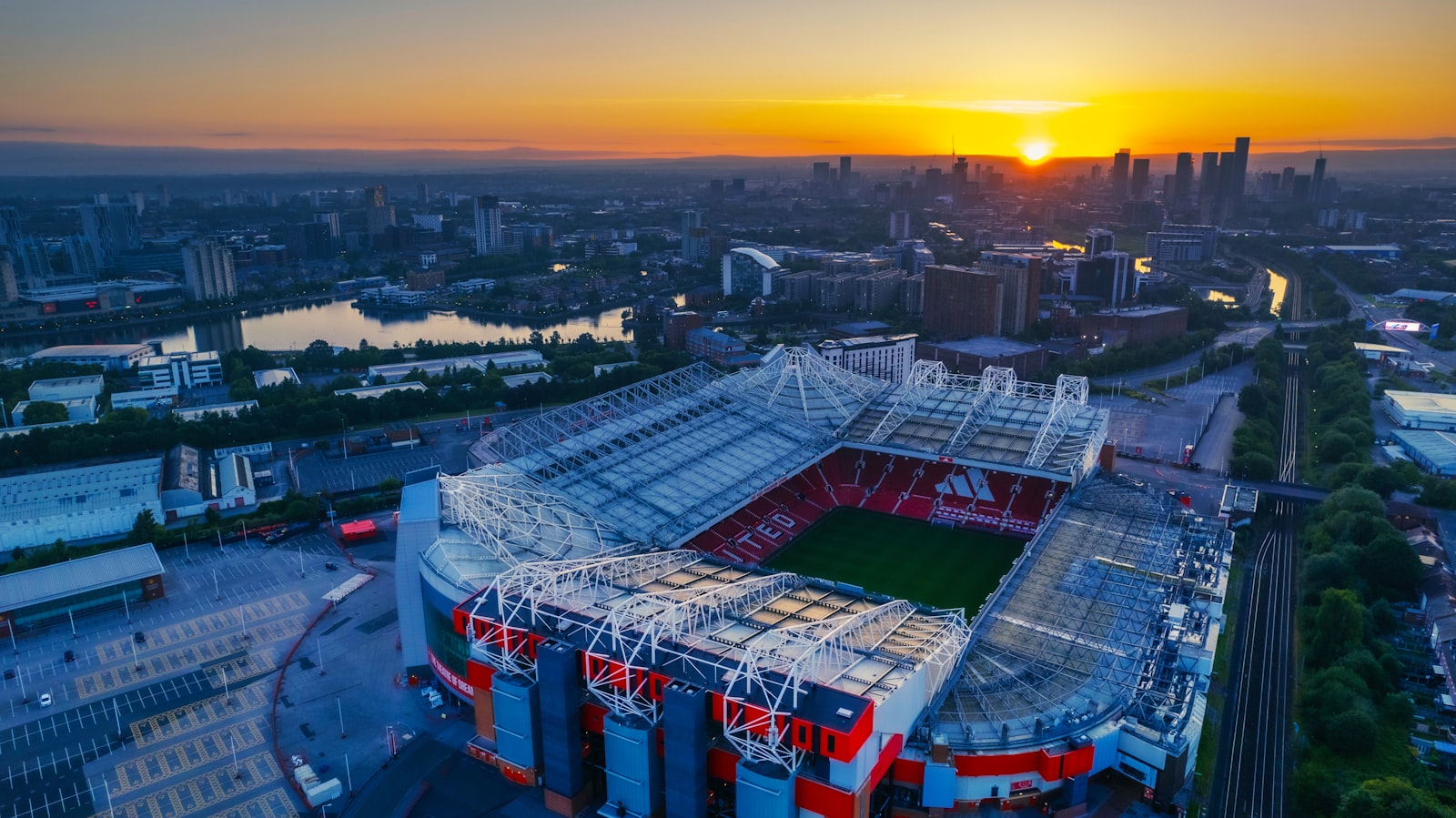 Aerial view of Anfield Stadium at sunset