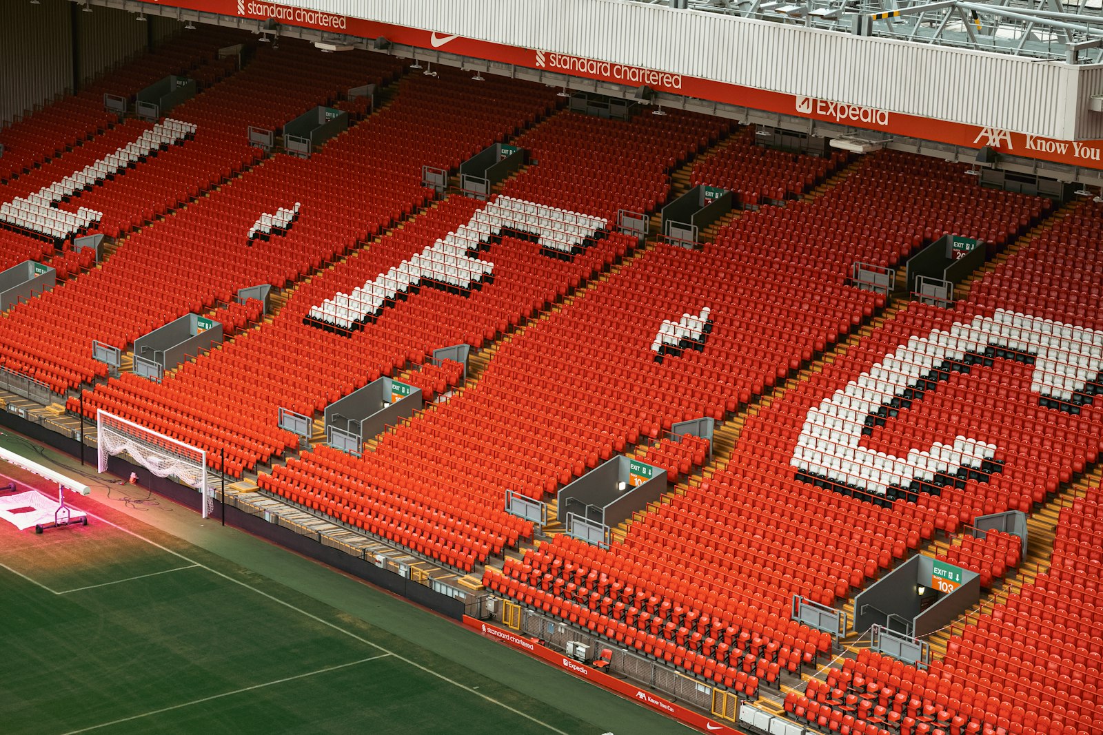Empty Anfield Stadium with soccer field