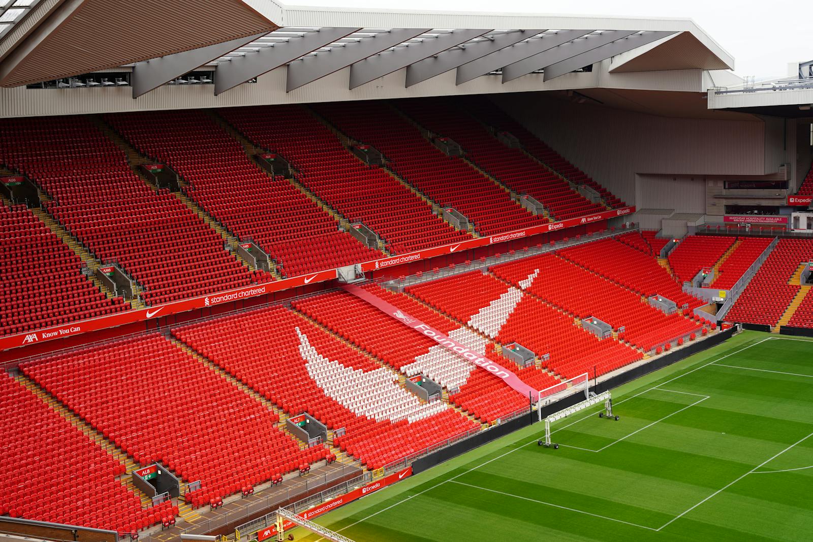 Empty Anfield Stadium with iconic red seats and pitch