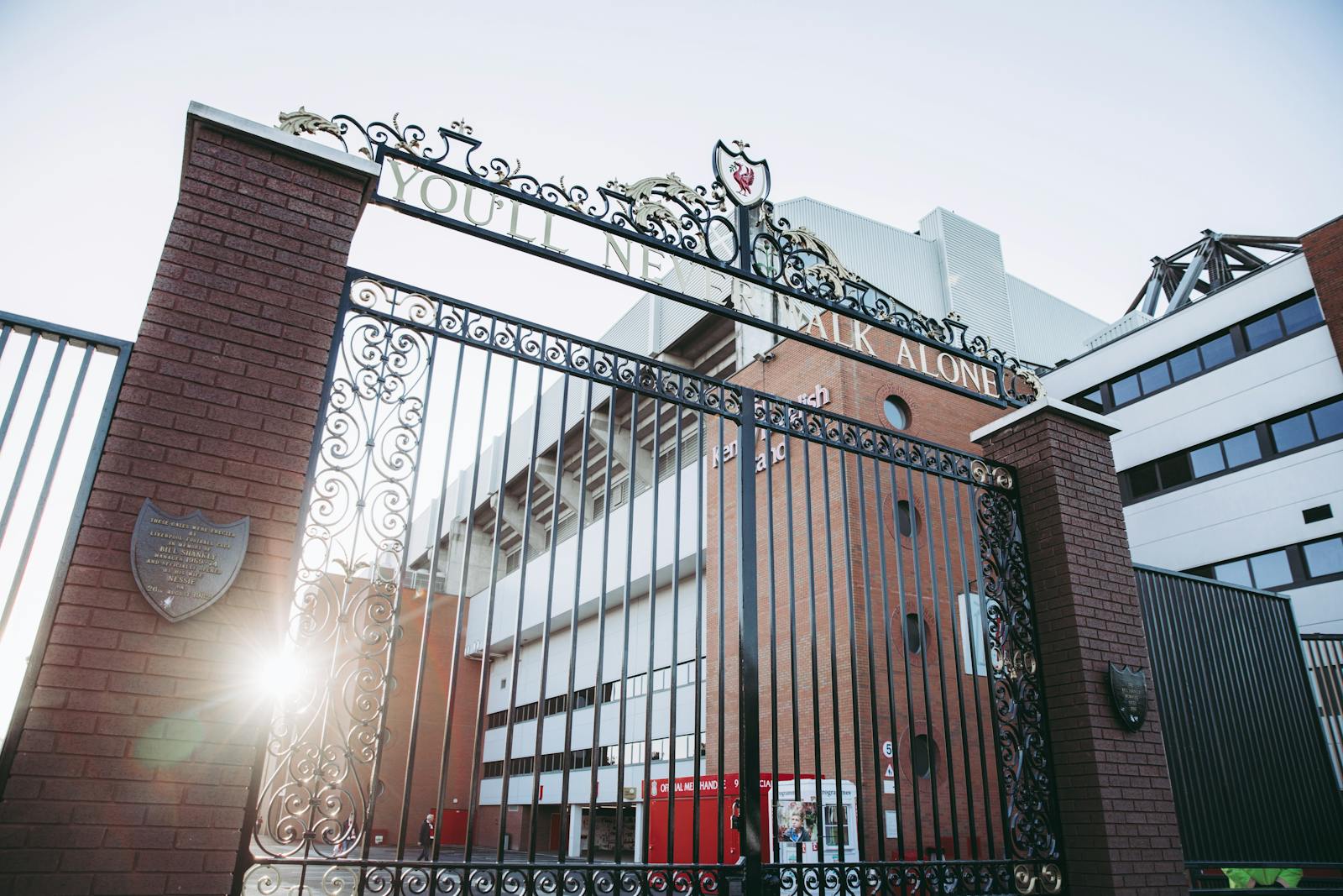 Iconic Shankly Gates at Anfield with sunrays