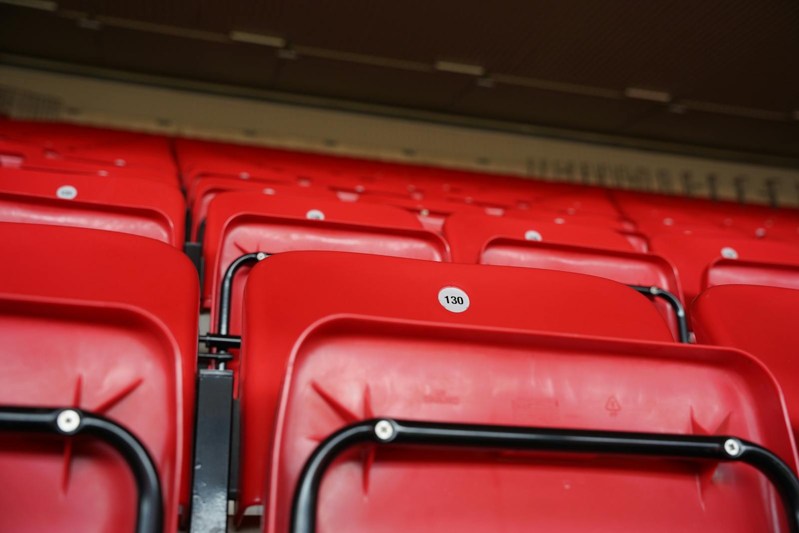 Close-up of numbered red seats at Anfield