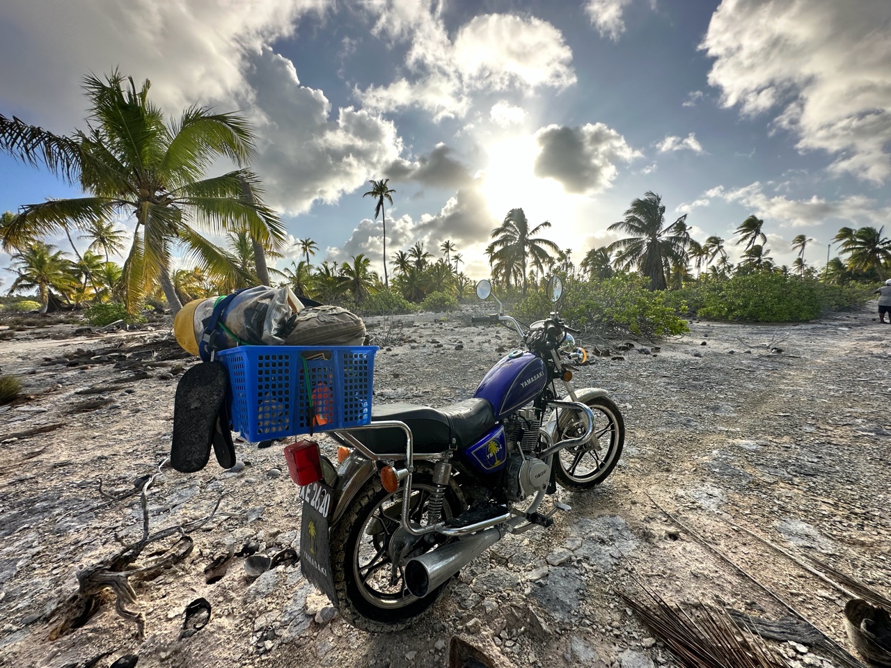 The four-hour “shortcut” from London to Paris involved threading the myriad salt lakes and over hardened coral floors, fording lagoons, and weaving our way through a variable maze of salt bush and, eventually, coconut palms. On a bone-shaking 150cc Chinese motorcycle, which started to rust after the first week of owning it.