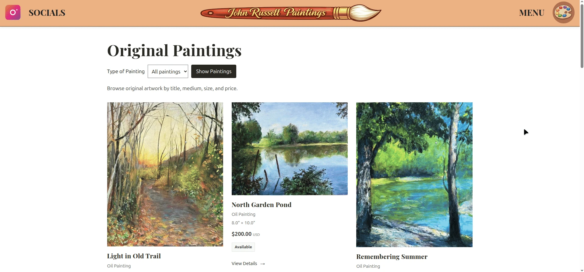 Russell Paintings custom artist portfolio and ecommerce website shown across responsive layouts