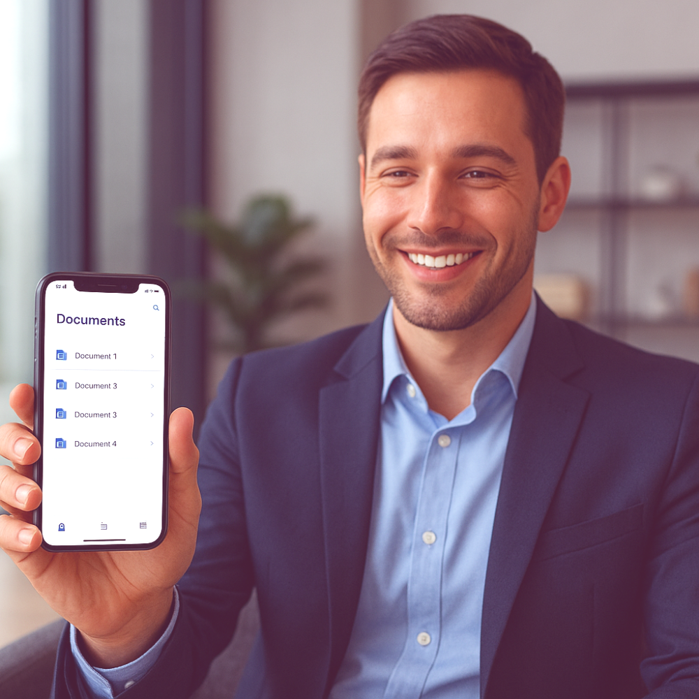 Person using Docsy app on phone while at car