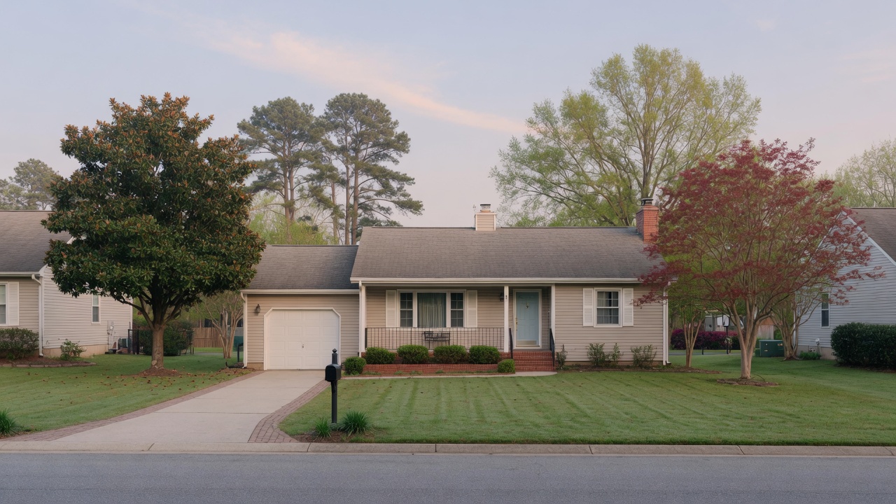 Single-story suburban house with a two-car garage, driveway, green lawn, and trees at dusk