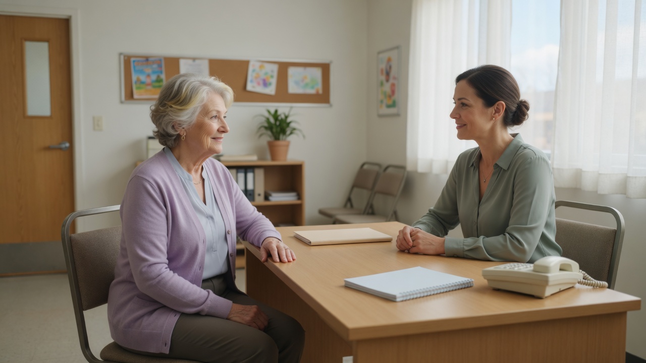 Two women talking across a desk in a bright counseling office