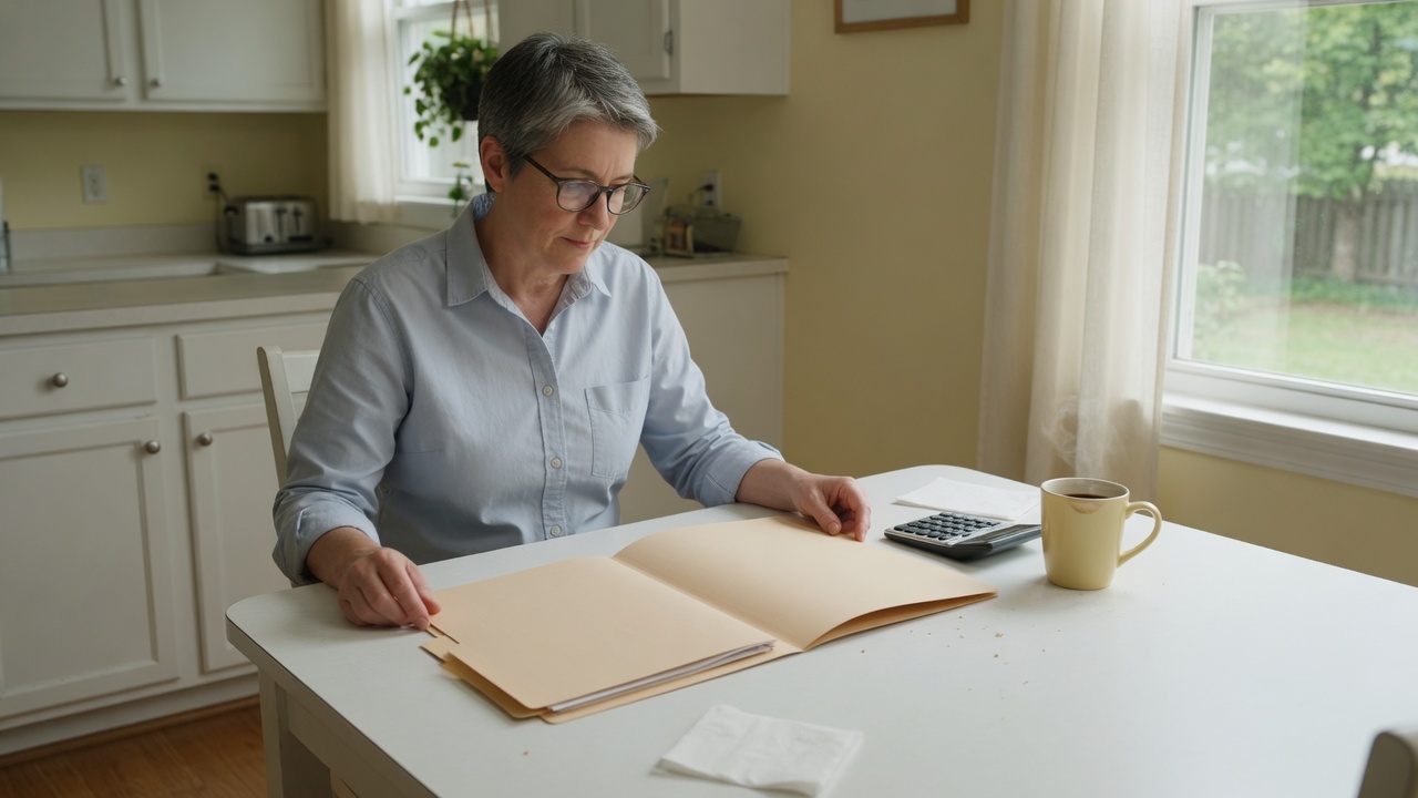 Person writing at a kitchen table beside a window with a mug and notebook