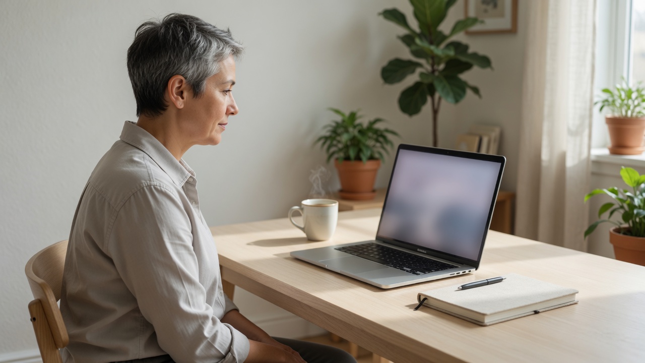 Person sitting at a desk with a laptop in a bright home office