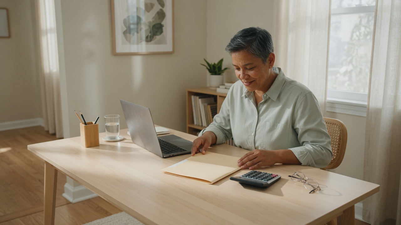 Person writing at a desk with a laptop in a bright home office
