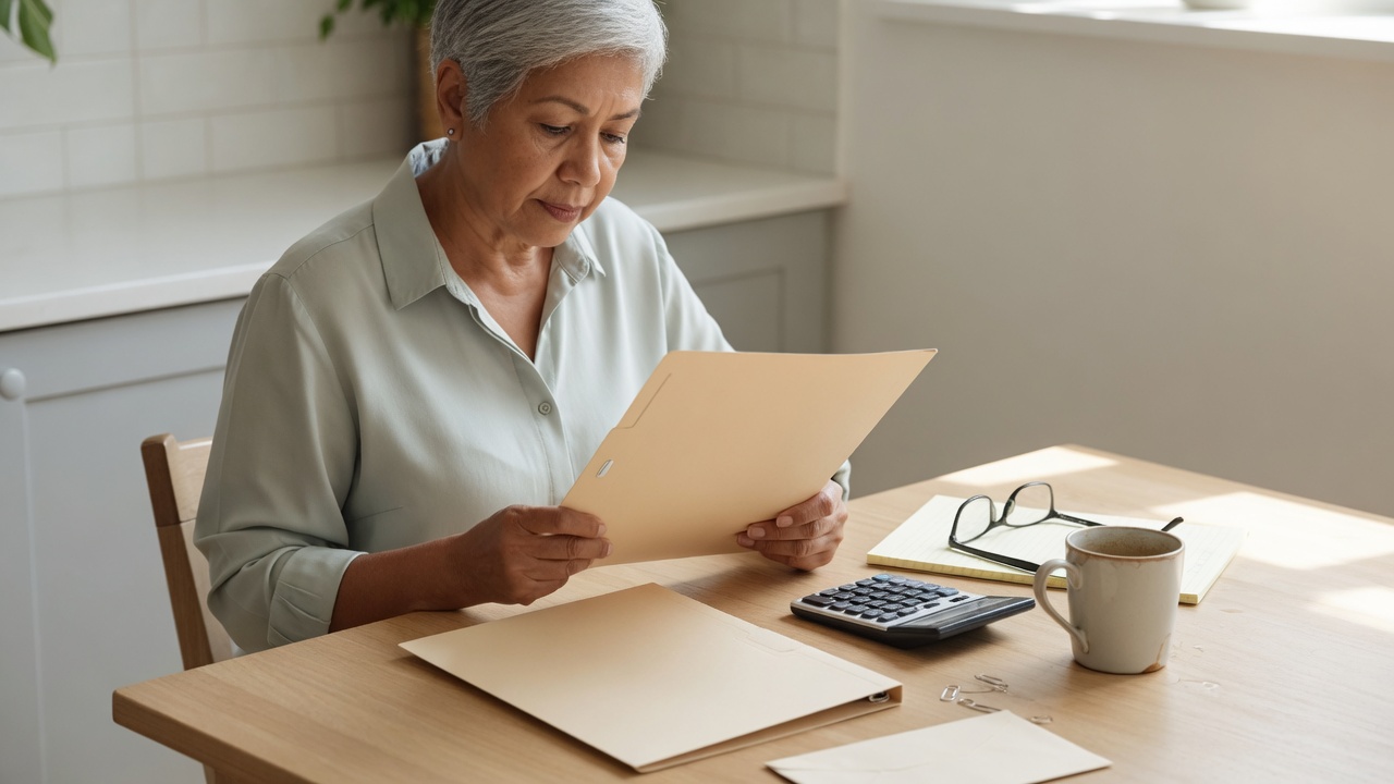 Person reading a document at a wooden table with a calculator, eyeglasses, and a mug nearby.