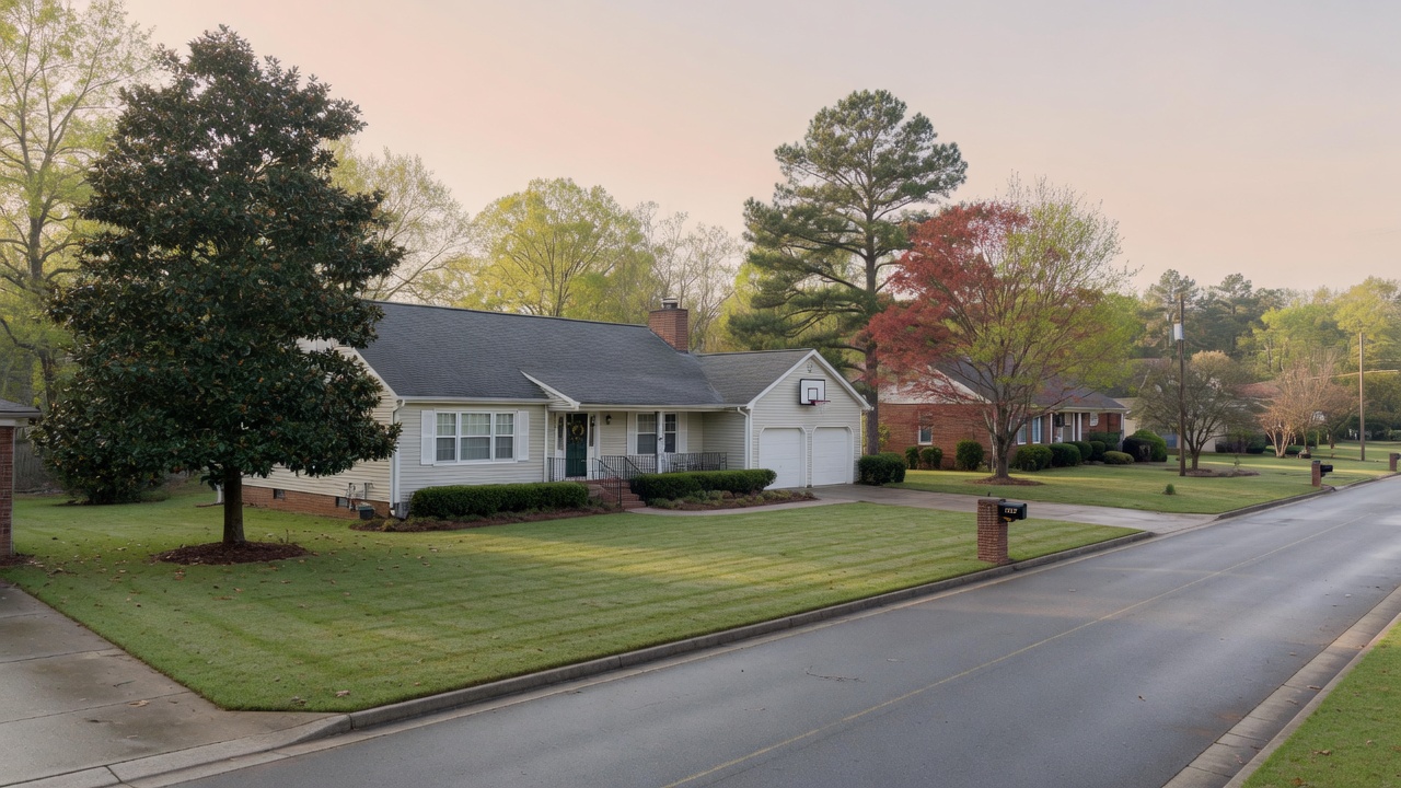 Suburban house with a manicured lawn along a quiet street at dusk, framed by trees in autumn colors