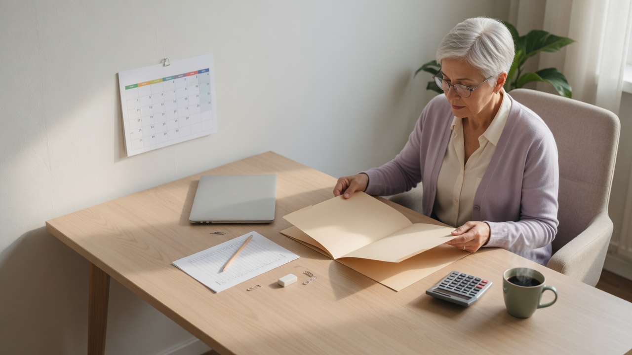 Woman at a desk reviewing papers beside a laptop, calculator, coffee mug, and wall calendar.