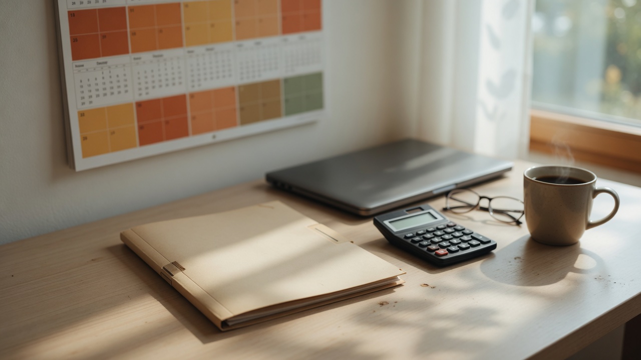 Sunlit desk with notebook, laptop, calculator, glasses, and coffee mug beside color swatches.