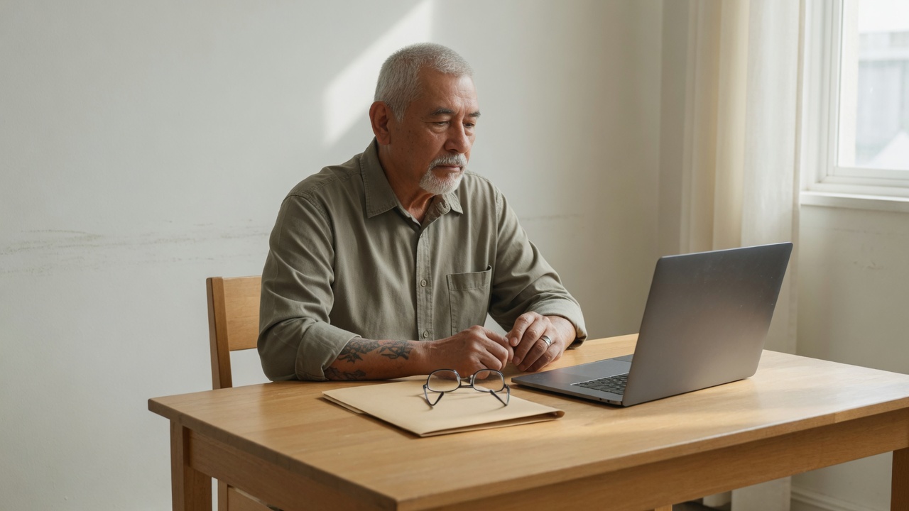 Man typing on a laptop at a wooden table beside a notebook near a bright window.
