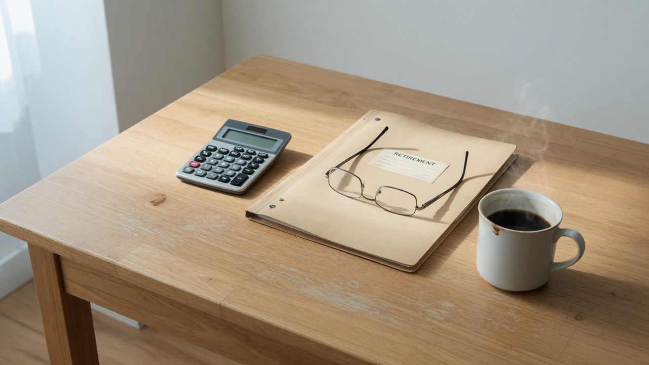 Calculator, glasses, and notebook on a wooden table beside a white mug.