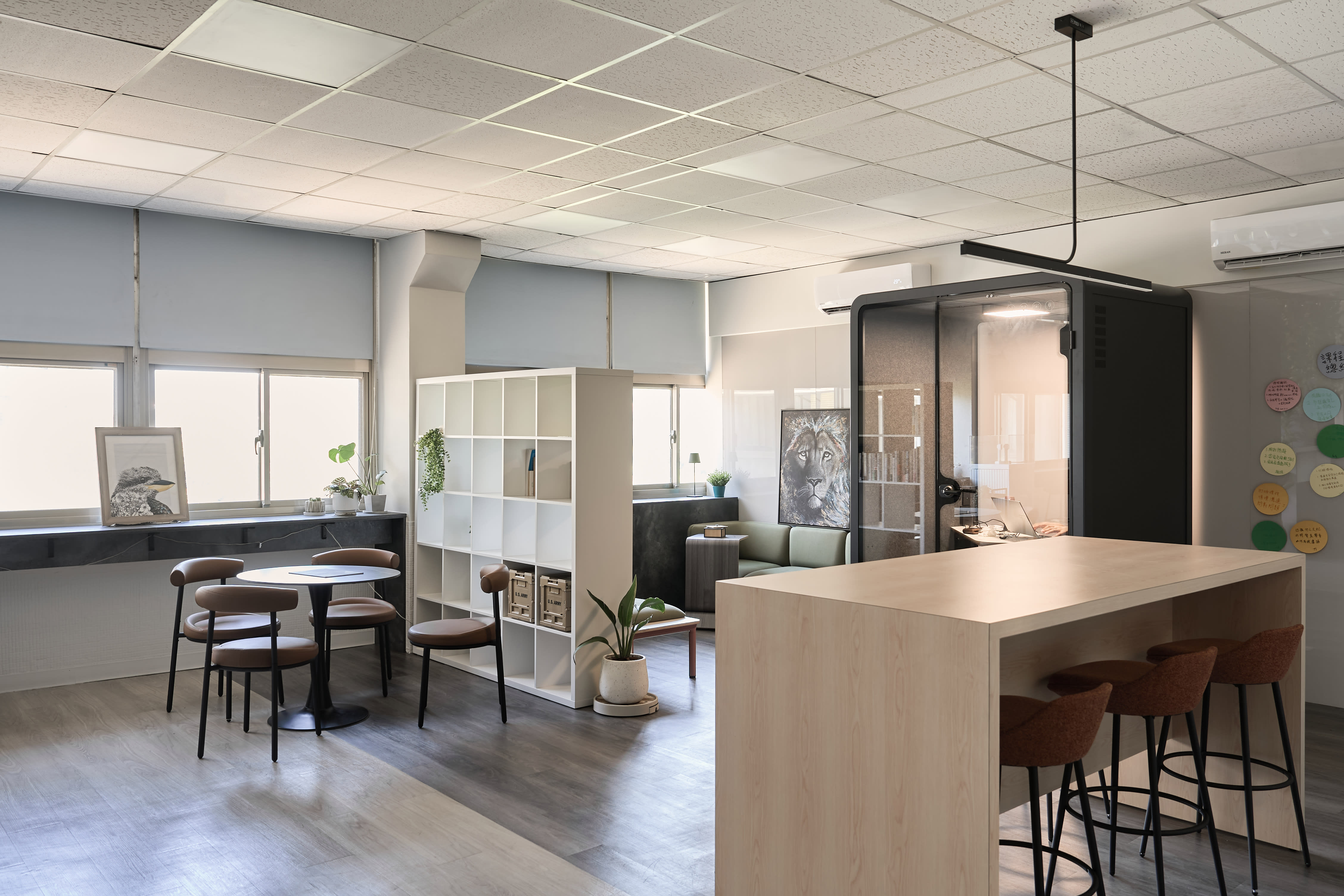 office common area, cafe, island, office kitchen, office sofa