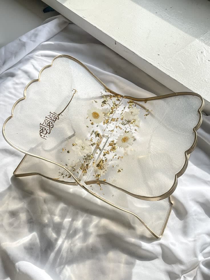 Handcrafted Resin Rehal Quran Stand with White Flowers & Gold Flakes — religious by Giftistan