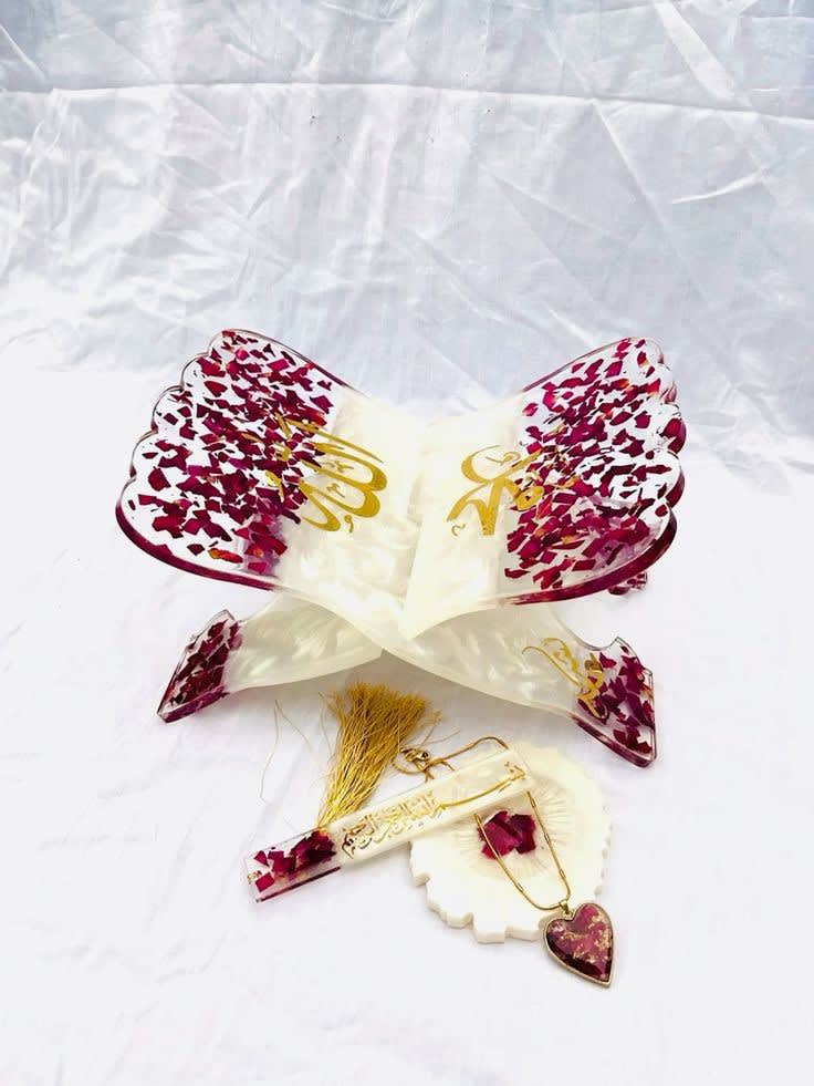 Handcrafted Pearlescent Resin Rehal Gift Set with Rose Petals & Gold Calligraphy — religious by Giftistan