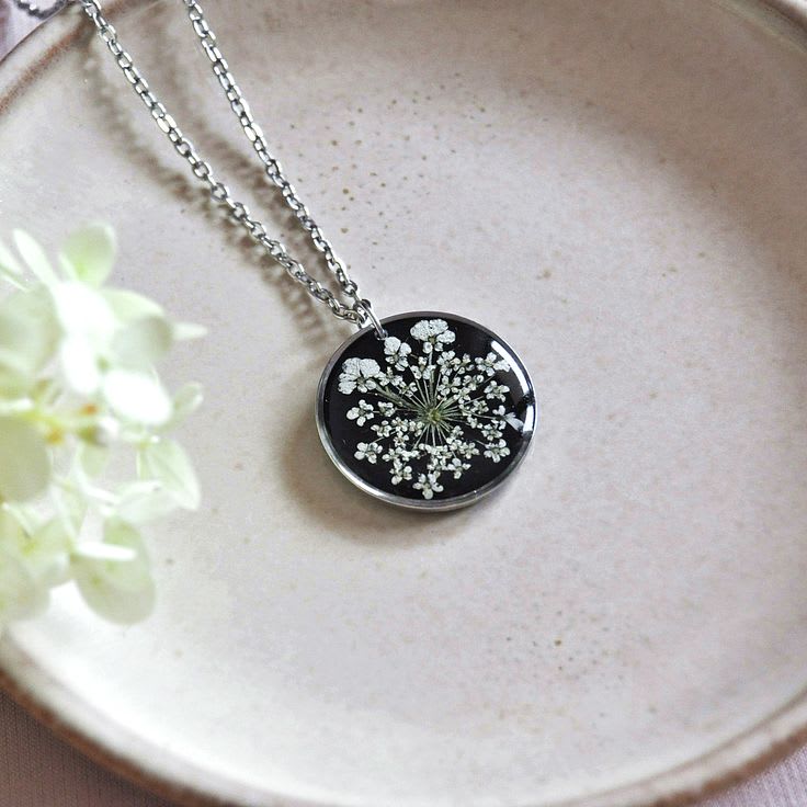 Midnight Bloom Handcrafted Resin Pendant | Real Pressed White Flowers — jewellery by Giftistan