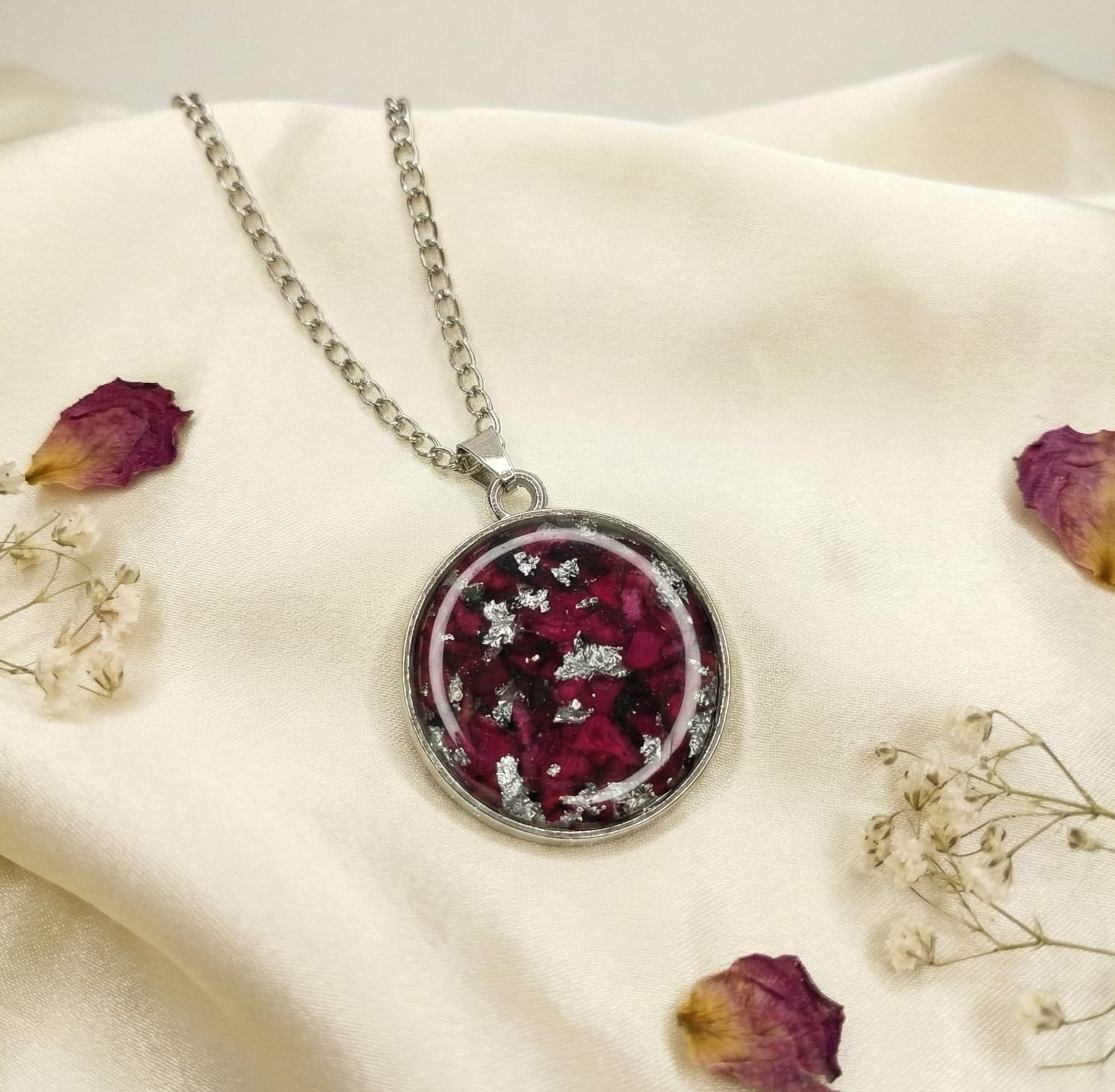 Real Preserved Rose & Silver Flake Resin Pendant Necklace - Custom Memorial Jewelry — jewellery by Giftistan