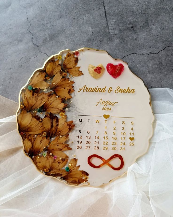 Personalized Calendar Resin Varmala Preservation Art - Cream & Brown — wedding by Giftistan
