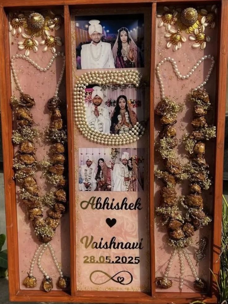 Varmala Preservation Resin Art - Pink & Brown - Personalized Rectangular Wood Frame — wedding by Giftistan