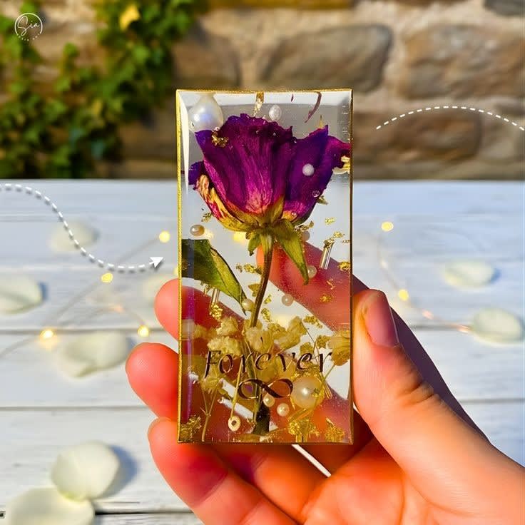 3D Resin Preserved Rose Block with Pearls & Forever Decal — jewellery by Giftistan