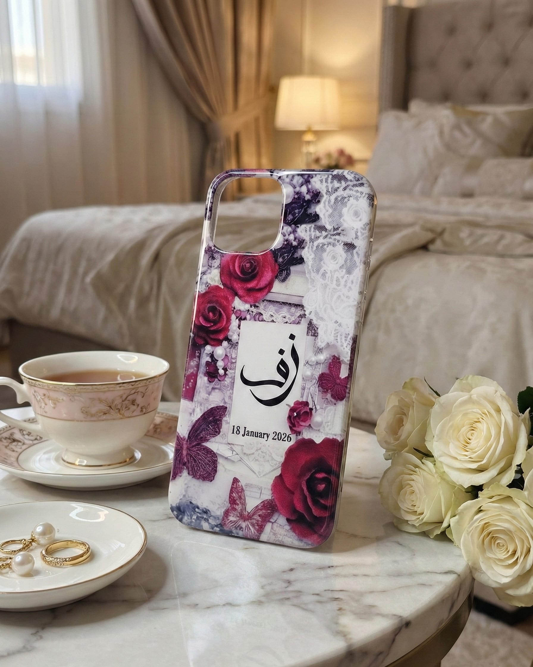 Customized Pashmina Resin Mobile Cover - Vintage Rose & Butterfly Edition (With Name & Date) — mobile by Giftistan