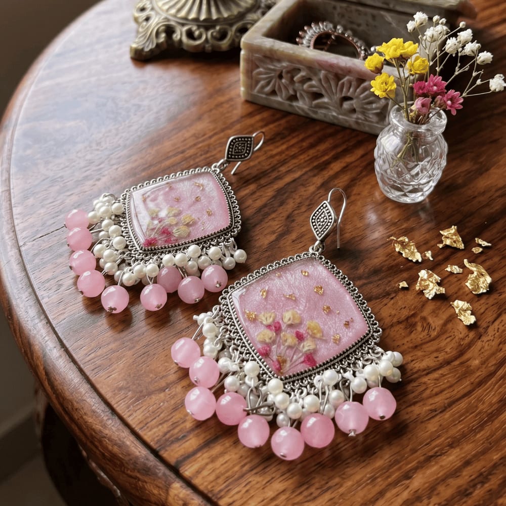 Handcrafted Pink Floral Resin Earrings | GIFTISTAN — view 3
