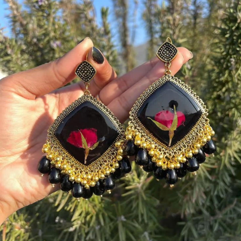 Black Resin Dried Rose Statement Earrings with Gold Beads — view 3