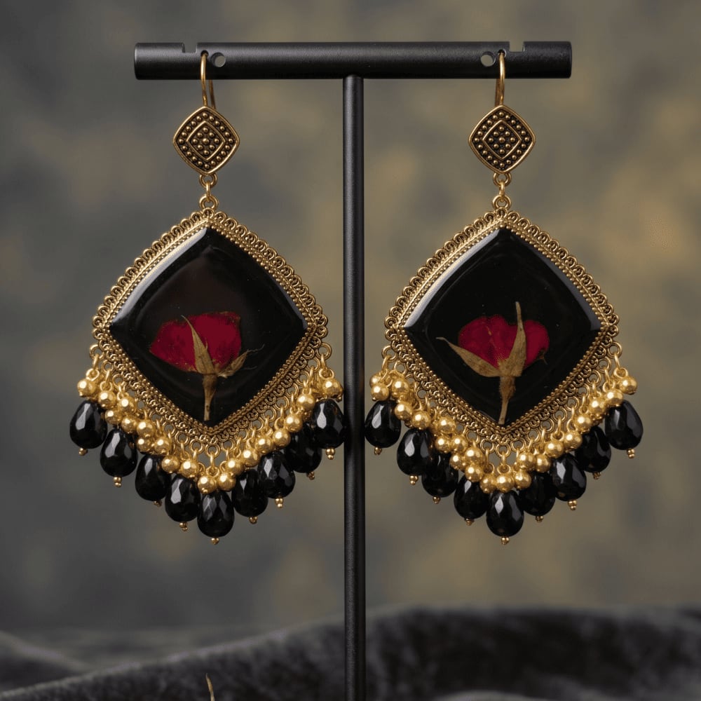Black Resin Dried Rose Statement Earrings with Gold Beads — view 4