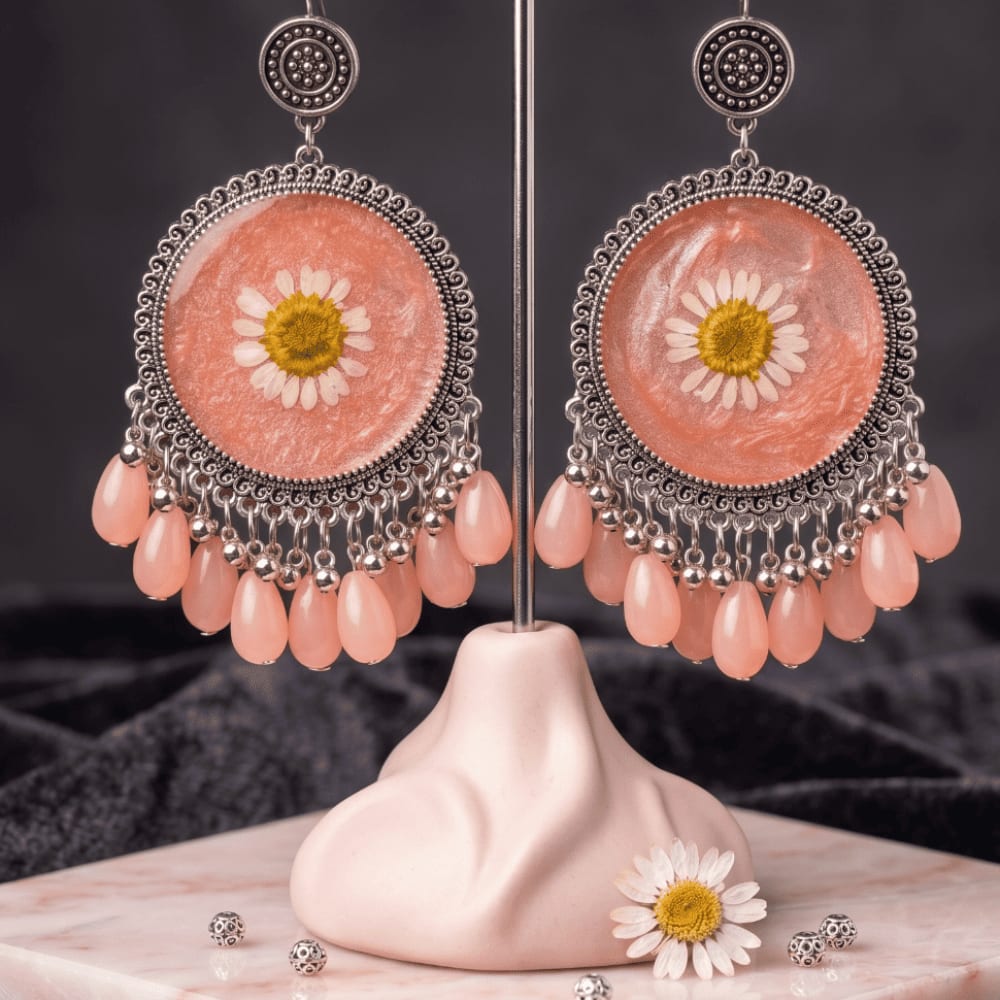 Handmade Resin Pressed Flower Earrings | Pink & Gold Jhumka Style — jewellery by Giftistan