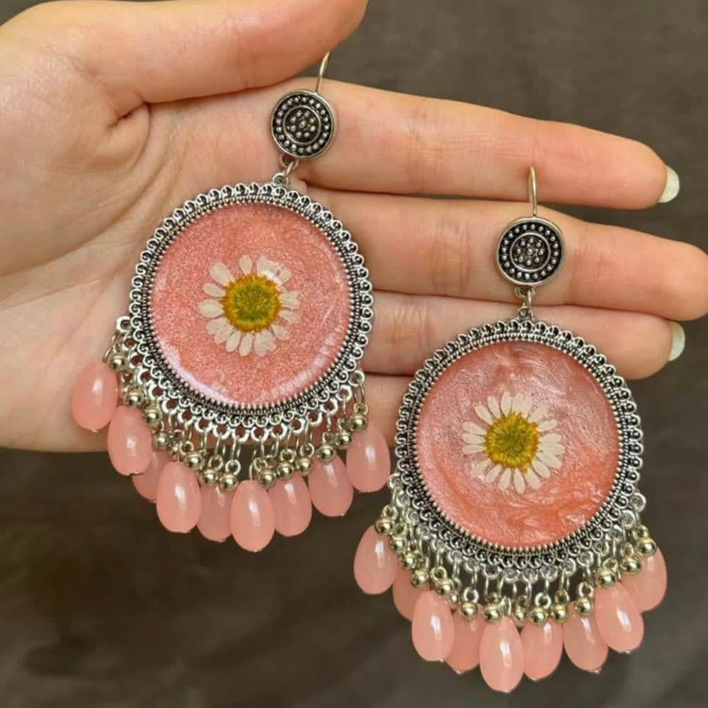 Handmade Resin Pressed Flower Earrings | Pink & Gold Jhumka Style — view 5