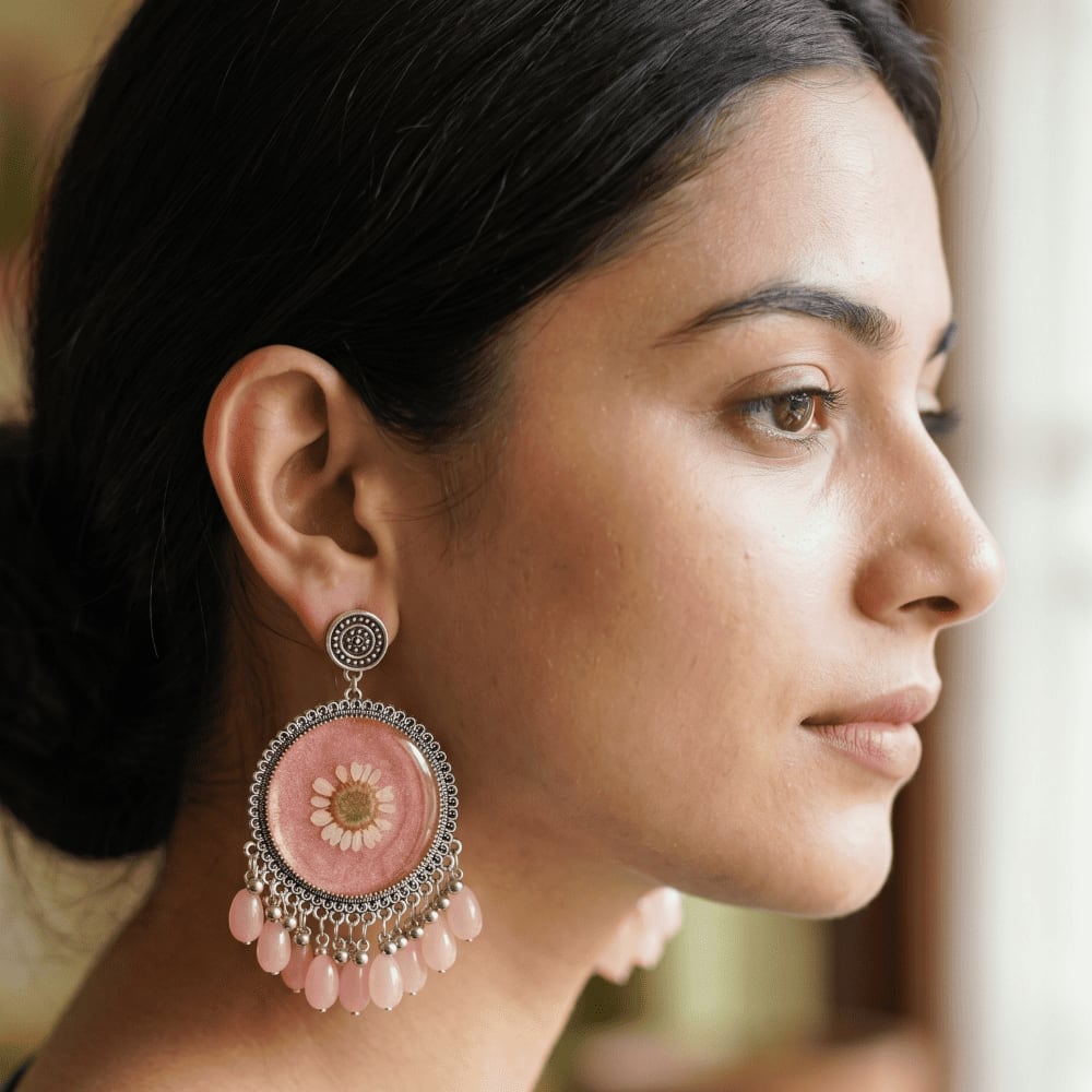 Handmade Resin Pressed Flower Earrings | Pink & Gold Jhumka Style — view 4