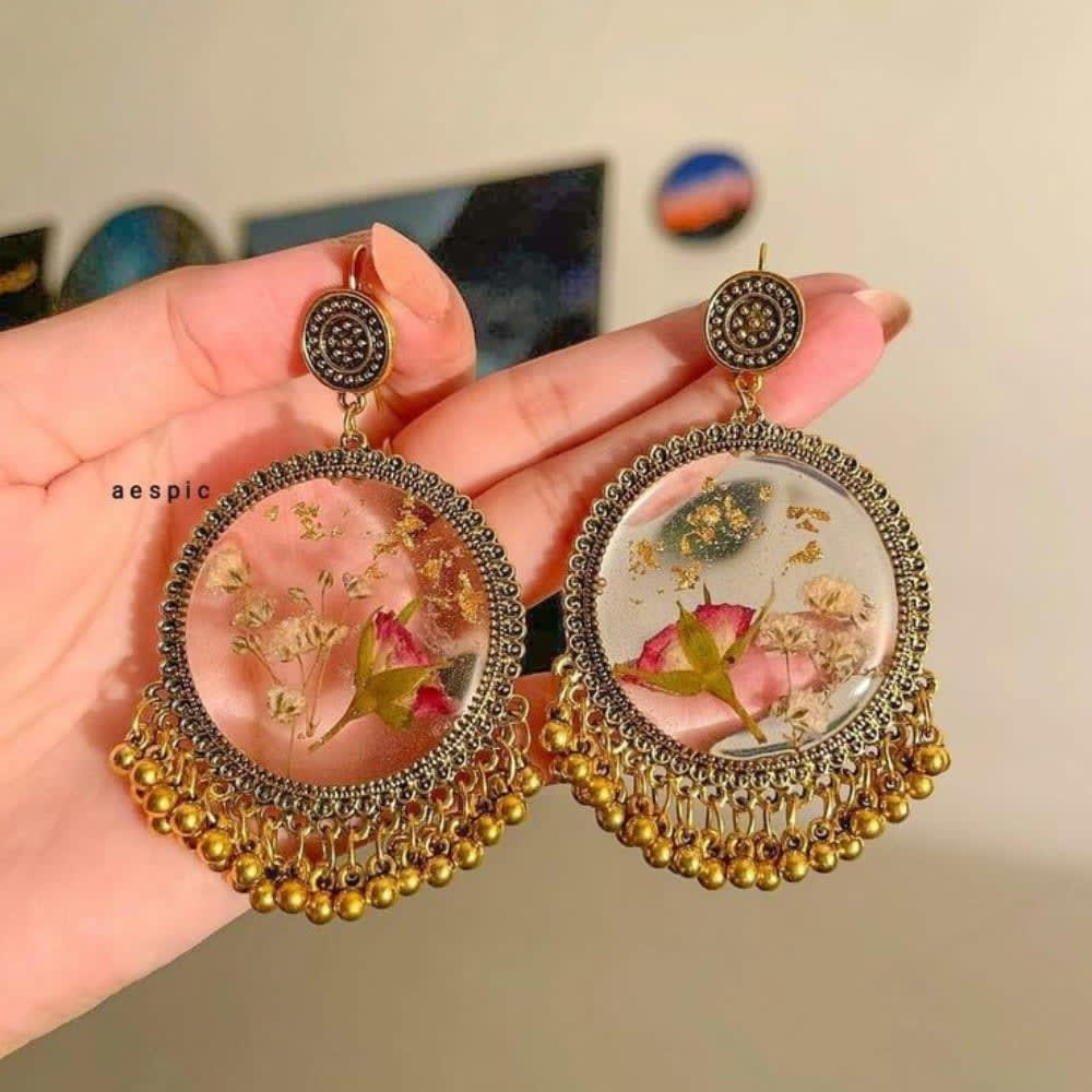 Transparent Resin Floral Statement Earrings with Gold Foil & Ghungroo Drops — view 4
