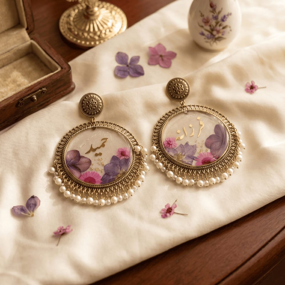 Personalised resin jhumka earrings with custom name — an Eid gift by Giftistan