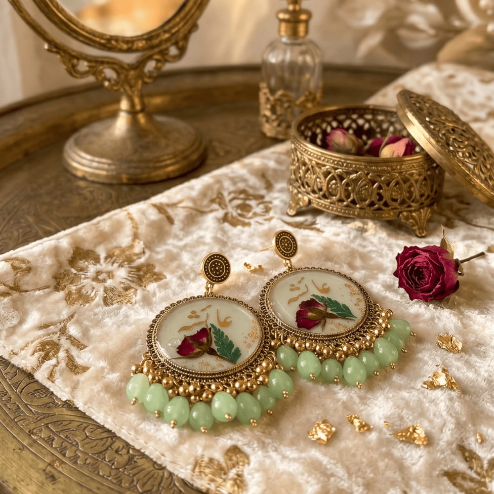 Personalized Urdu Name Resin Earrings with Dried Rose & Mint Green Beads — jewellery by Giftistan