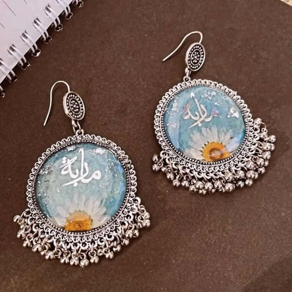 White Daisy & Blue Bead Jhumkas | Customized Resin Earrings — view 5