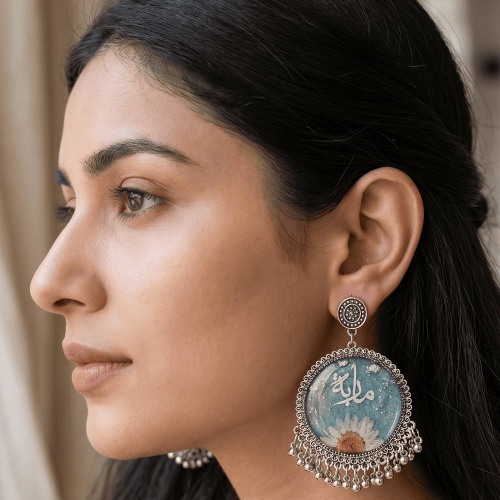 White Daisy & Blue Bead Jhumkas | Customized Resin Earrings — view 4