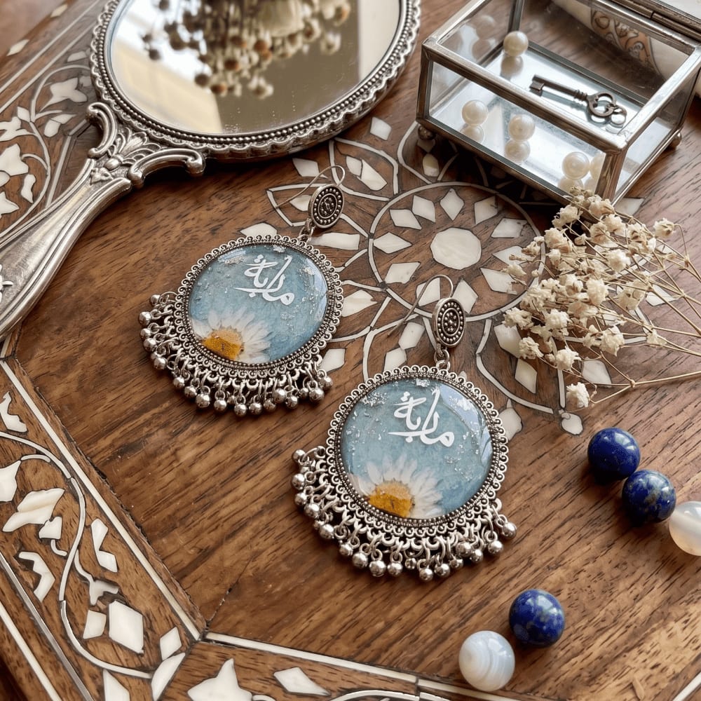 White Daisy & Blue Bead Jhumkas | Customized Resin Earrings — jewellery by Giftistan