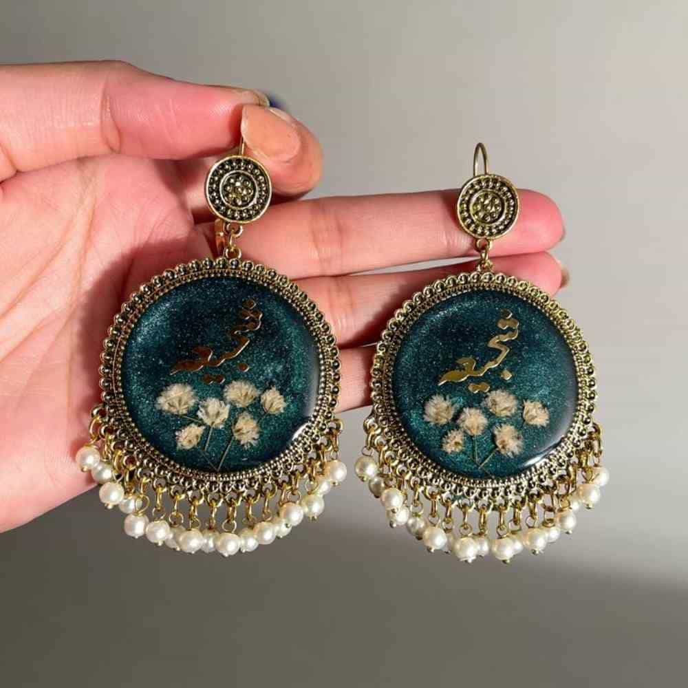 Handmade Gold & Blue Floral Resin Earrings with Pearls — view 4