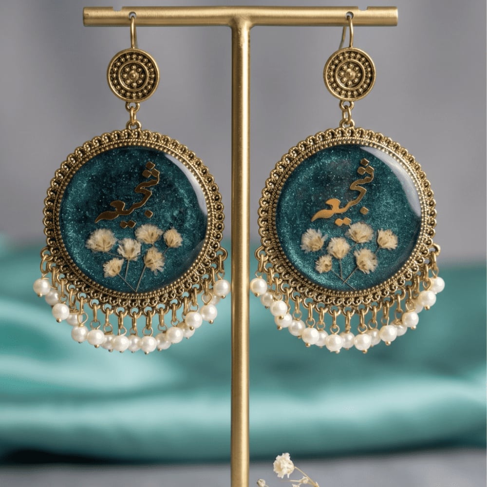 Handmade Gold & Blue Floral Resin Earrings with Pearls — view 3