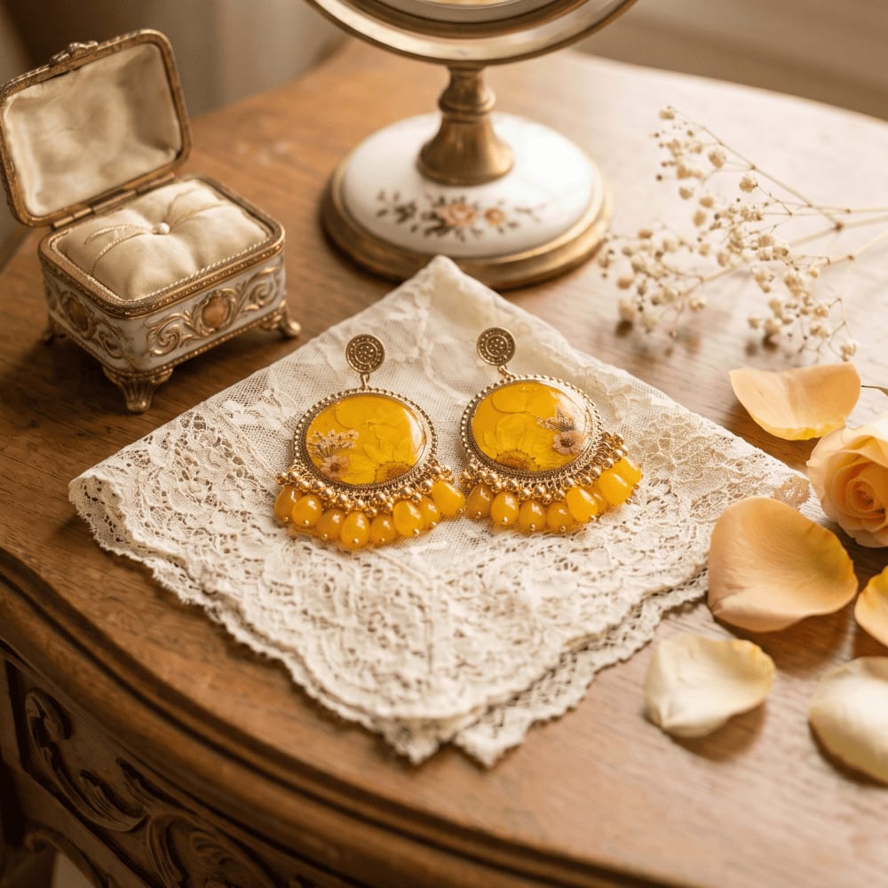 Vibrant Sunshine Yellow Pressed Flower Resin Earrings — view 5