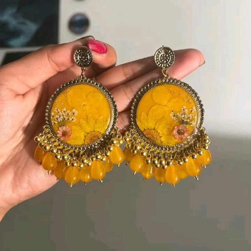 Vibrant Sunshine Yellow Pressed Flower Resin Earrings — view 3