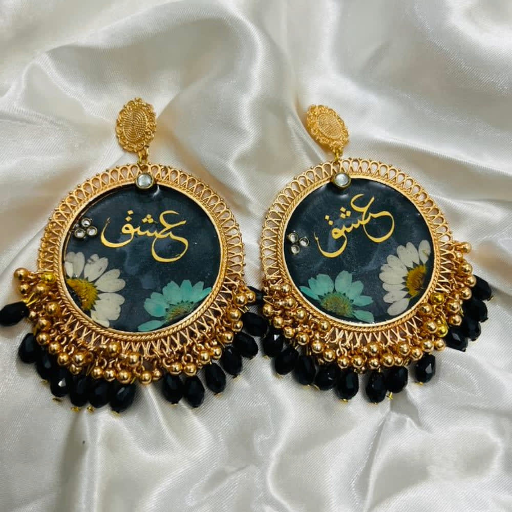 Gold Floral Resin Earrings with Arabic Calligraphy - Handmade — jewellery by Giftistan