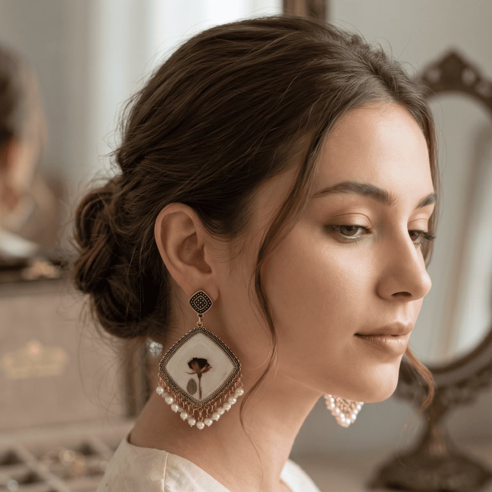 Ivory Resin Dried Rose Earrings with Pearl Drops — view 2