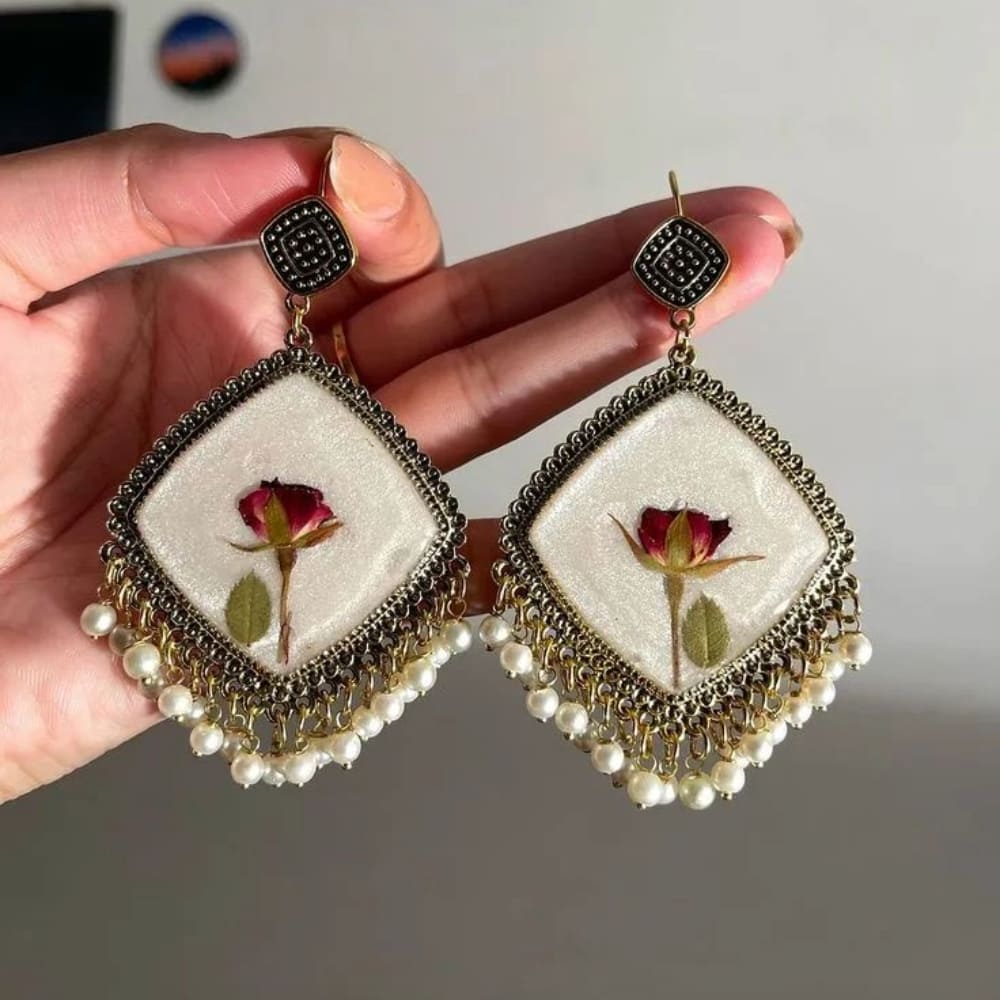 Ivory Resin Dried Rose Earrings with Pearl Drops — jewellery by Giftistan