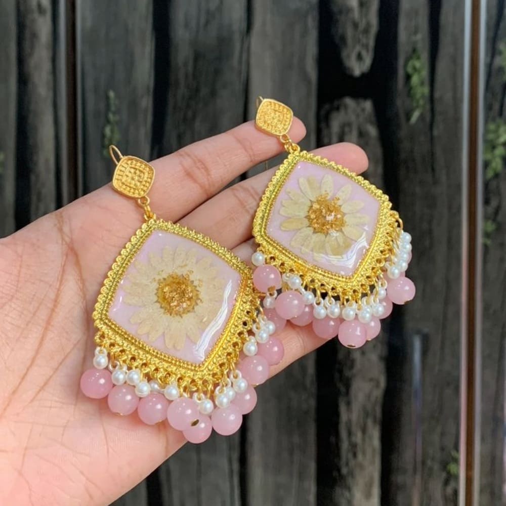 Handmade Resin Pressed Flower Jhumka Earrings with Pink Beads — jewellery by Giftistan